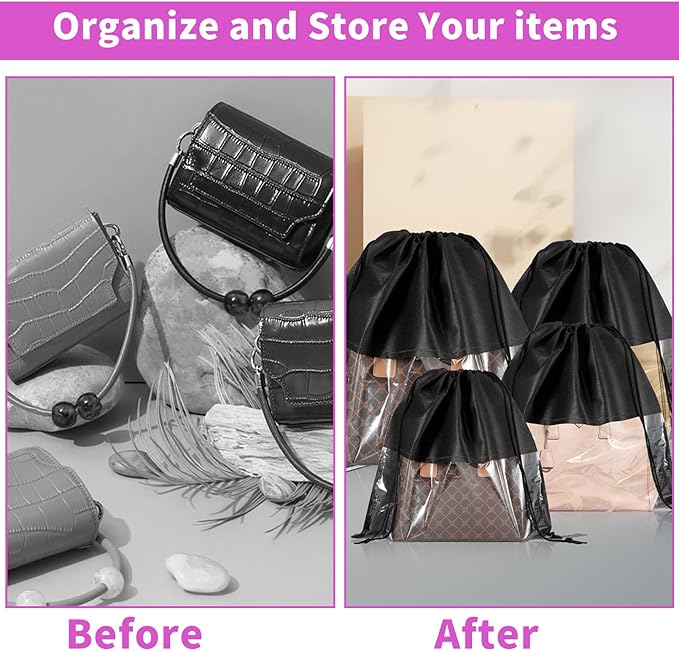 12 Pcs Shoe Bags for Travel, Dust Bags for Handbags, Dustproof Drawstring Bags in 4 Size, Breathable Non Woven Fabric Storage Bag for Handbags Shoes Purses, Black
