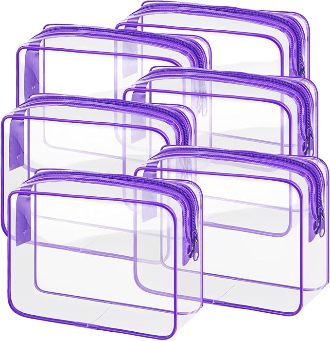 6 Pieces Clear Makeup Bags Bulk TSA Approved Toiletry Bag for Travel PVC Waterproof Clear Cosmetic Pouch with Zipper for Men and Women Carry-on Travel Essentials (Purple)