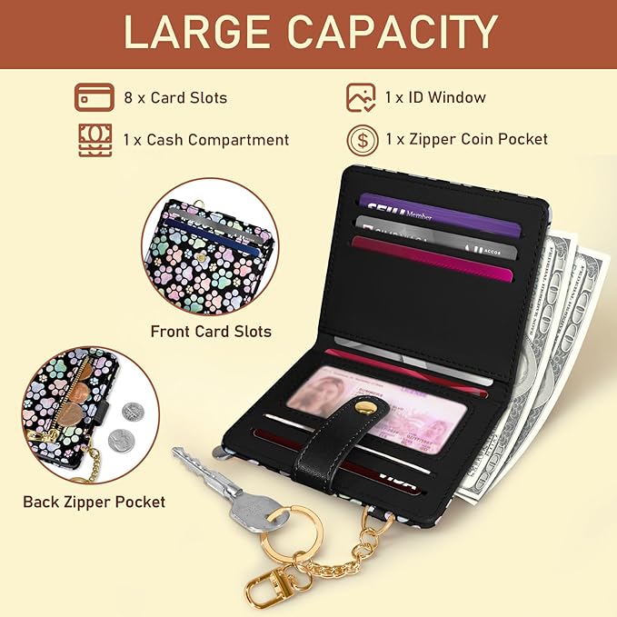 Jogjam Dog Paw Rfid Women Wallet, Small Slim Thin Credit Card Wallet, PU Leather Bifold Cash Zipper Coin Pocket ID Window for Female Ladies Teen Girls Girly