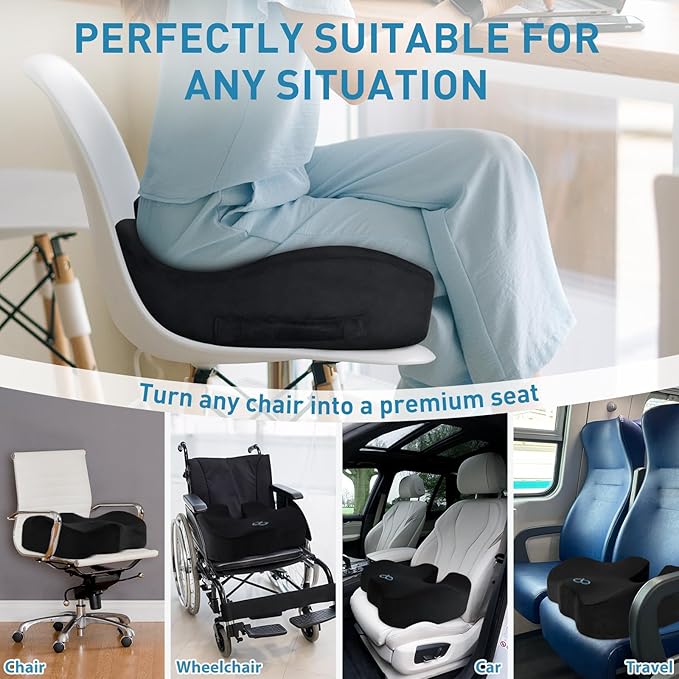 BlissTrends Seat Cushion,5.2in Thick Memory Foam Cushions for Office Chair, Car Seat, Airplane, Relieving Pressure Tailbone Sciatica Back Pain for Long Sitting Office Workers, Car Drivers Black