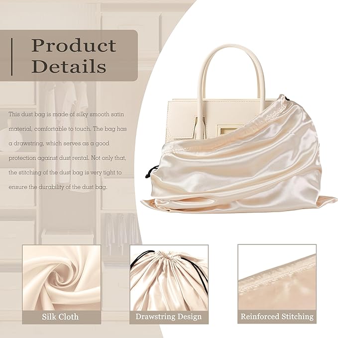 Vonty 3 Pack Silky Dust Bags for Shoes and Purses, Satin Drawstring Bag for HandBags Boots - Beige Shoe Bag Silk Dust Cover Bag Protector Travel Storage Pouch(23.6 x 19.6 In)