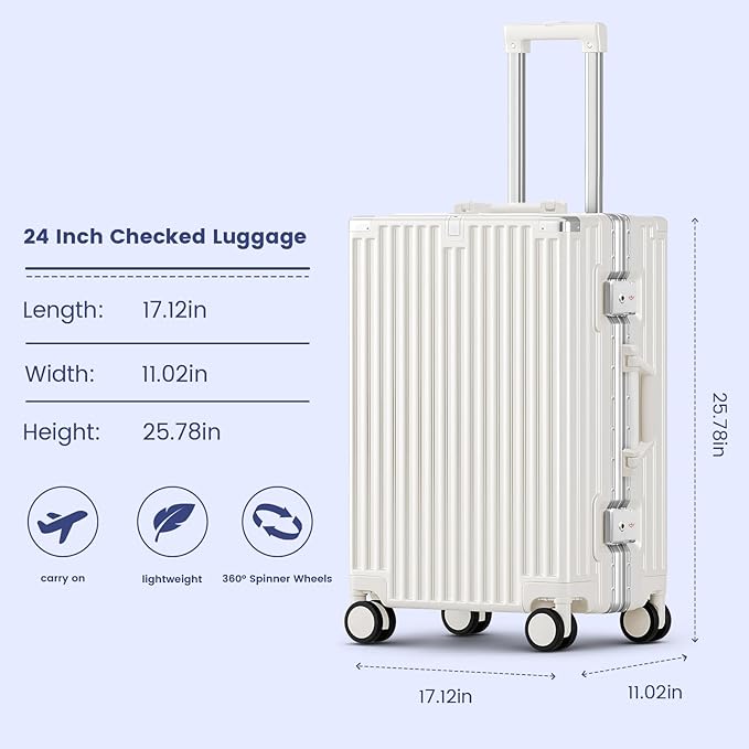 Carry On Luggage, 24 Inch Zipperless Luggage, Aluminum Frame Hardside Suitcase with TSA Lock, Spinner Wheels, Phone Holder, Charging Port, Cup Holder for Lightweight Travel, White