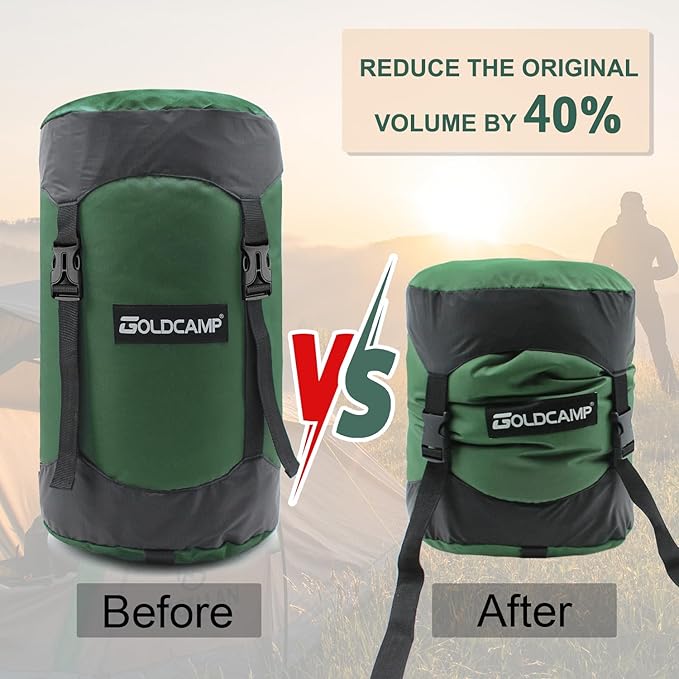 GoldCamp Compression Sack, 40% More Storage! 18L/30L/43L/49L/65L Compression Stuff Sack, Waterproof & Ultralight Sleeping Bag Stuff Sack - Space Saving Gear for Camping, Hiking (Green, XXXL) ASIN