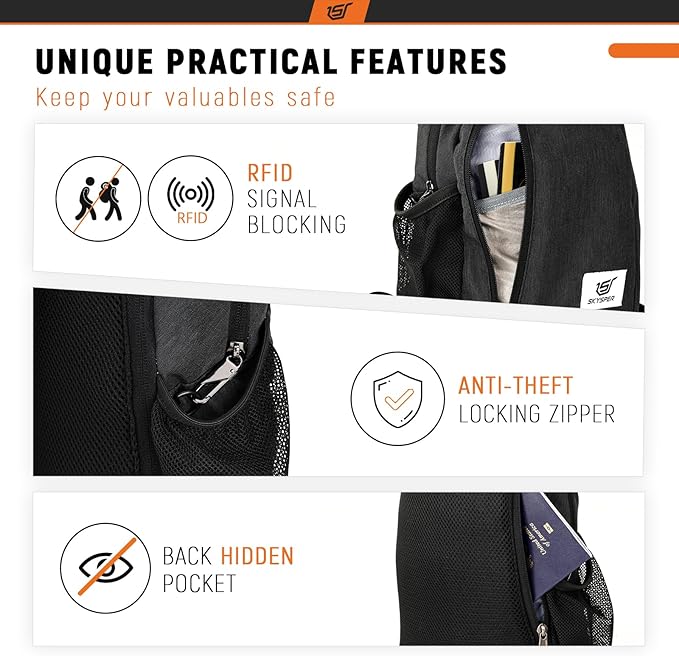 SKYSPER Sling Bag RFID Crossbody Sling Backpack Cross Body Shoulder Travel Bag Hiking Daypack for Women Men(Black)
