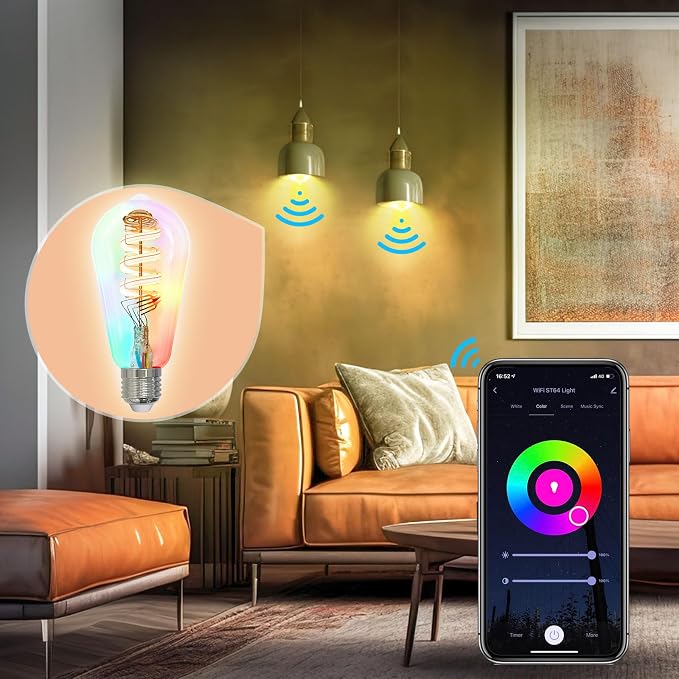 MOES Smart Edison Light Bulb, ST64 WiFi LED Color Changing Dimmable, 2 Pack | RGB plus 2700K-6500K tunable white, 5W 470lm 40W equivalent, 2.4GHz WiFi only, Smart Life Tuya app, Alexa and Google Home