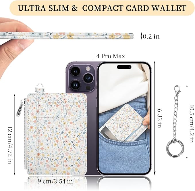 Hancynir White Floral Flower Small Wallet Women Credit Card Holder, Cute Slim RFID Blocking Keychain Card Wallets, Mini Front Pocket PU Leather Travel Zipper Coin Cash Ladies Wallet Organizer Gifts