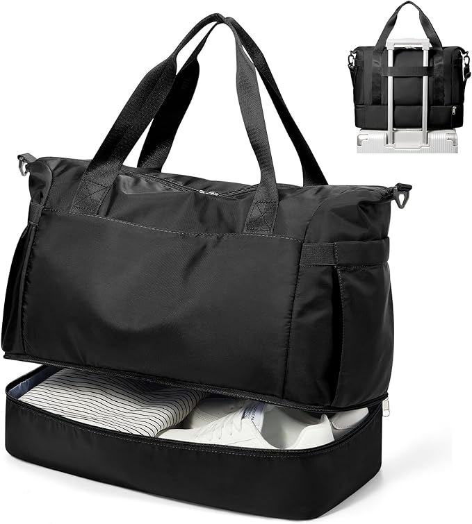Small Black Gym Duffle Bag for Women Men with Shoe Compartment, Mini Cute Weekender Handbag Carry on Travel Bag for Airplane, Water Resistant Sports Yoga Tote Bag with Dry Wet Separated Pocket.