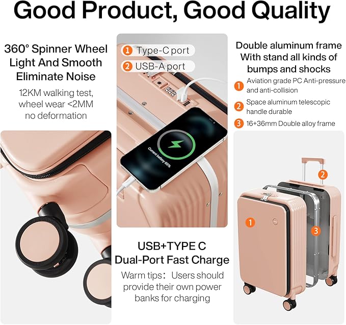 mixi Large Checked Luggage with Cup Phone Holder and Charger Hard Shell Suitcases with Spinner Wheels, 26 Inch Light Pink