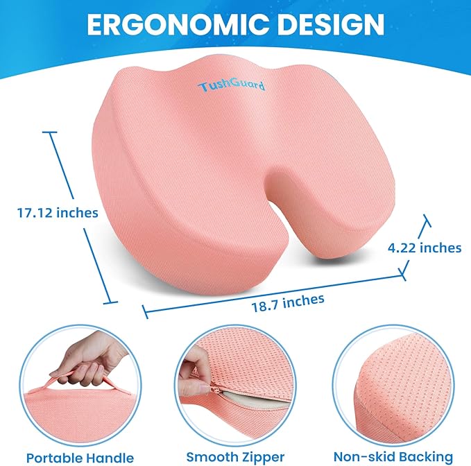 TushGuard Seat Cushion, Office Chair Cushions, Car Seat Cushion, Non-Slip Sciatica & Back Coccyx Tailbone Pain Relief Chair Pad, Memory Foam Butt Pillow for Computer Desk, Office Chair(Pink, XXL)