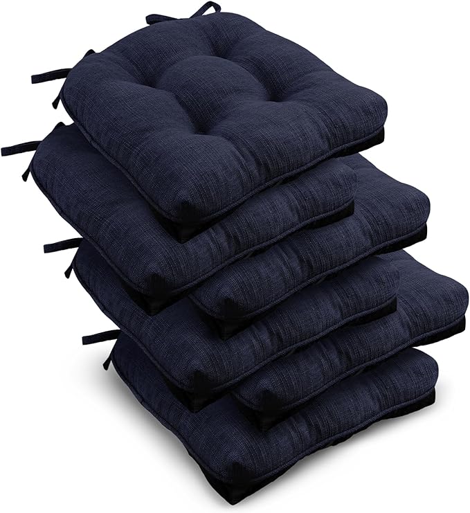 downluxe Indoor Chair Cushions for Dining Chairs, Tufted Overstuffed Textured Kitchen Chair Pads with Ties and Non-Slip Backing, 15.5" x 15.5" x 4", Navy, 6 Pack