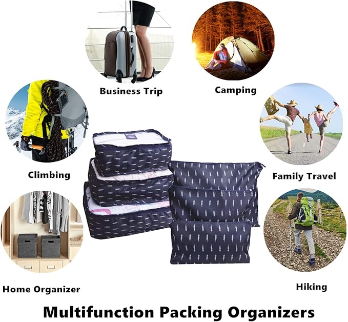 6 PCS Travel Suitcase Organizer Bags, Travel Organizer Packing Cubes Set Laundry Bags, Travel Clothes Storage Bag, Packing Organizer Compression Pouches for Traveller(Navy Blue Feather)