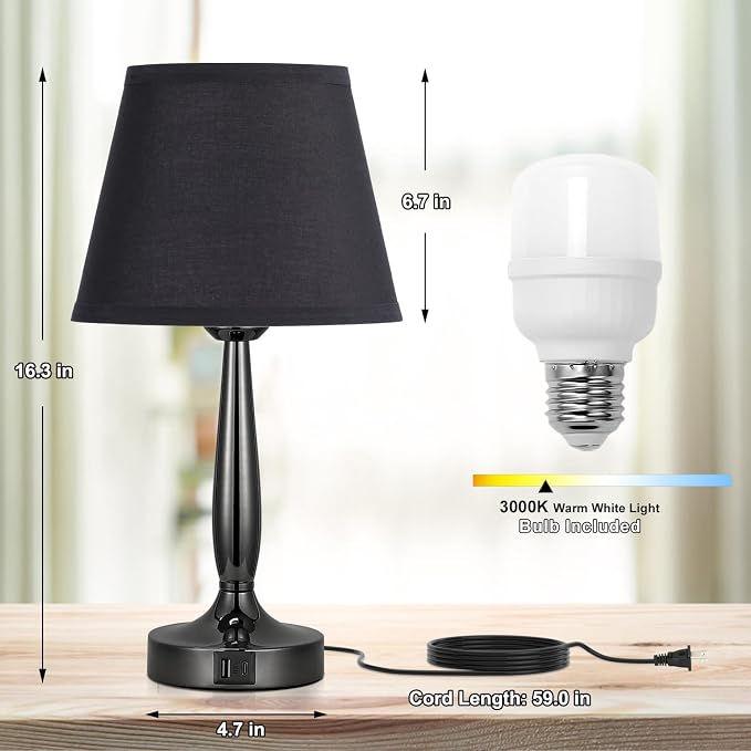 Kakanuo Touch Bedside Lamp for Bedroom with USB C Port, Small Touch Table Lamp with 2 USB Charging Ports, 3 Way Dimmable Nightstand Lamp for Living Room and Office - Black (LED Bulb Included)
