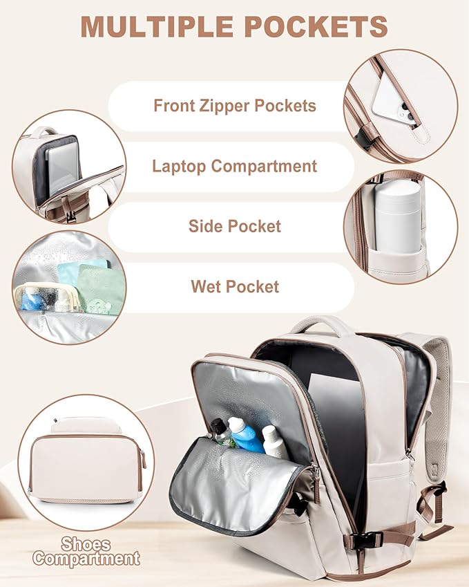 VECAVE Travel Backpack for Women, Airline Flight Approved Carry On Backpacks Waterproof 14 Inch Laptop Backpack with Shoe Compartment Casual Daypack BeigeBrown