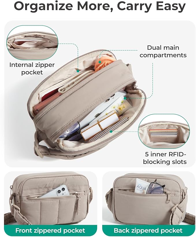 BAGSMART Cross Body Purse, Mini Crossbody Bags for Women Travel Purse, Puffy Shoulder Handbag Wallet with RFID Blocking Slots, Dark Brown