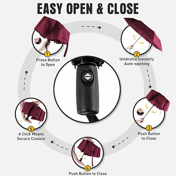 Windproof Travel Umbrella, Compact Umbrella, Car Umbrellas for Rain & Sun, 8 Fiberglass Ribs for Strong UV & Wind Resistance, Portable, Lightweight, Vent, Easy Automatic Open/Close