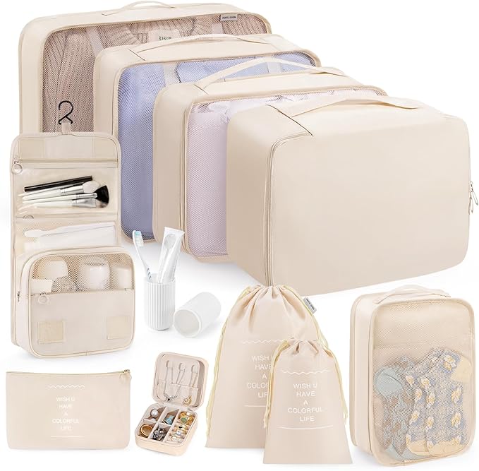 Packing Cubes 11 Set, Suitcase Organizers, Luggage Organizer Bags for Travel, Packing Cubes for Travel, with Toiletry Bag, Travel Essentials,Beige