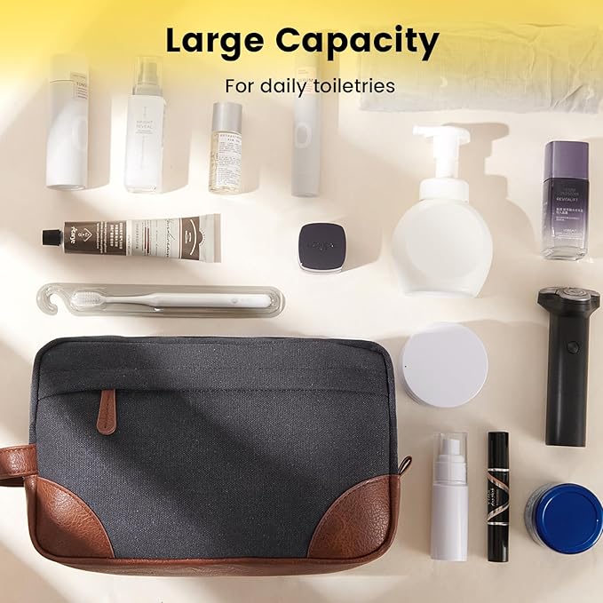 Vorspack Large Travel Toiletry Bag - Hanging Toiletry Bag for Men Water Resistant Canvas Shaving Bag with Large Capacity for Home Travel - Dark Grey