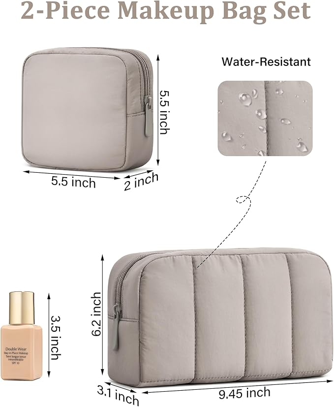 oscaurt 2 Pcs Makeup Bag Travel Toiletry Bag for Women Puffy Padded Cosmetic Pouch Purse Wide-open Makeup Organizer Case Travel Essentials