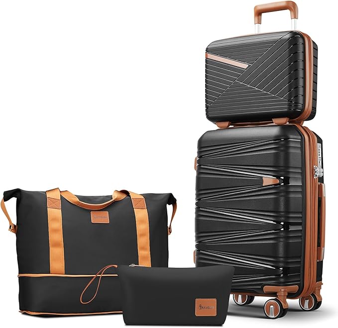 4 Piece Carry On Luggage Set 20 Inch, Expandable PP Hardshell Suitcase with Detachable Spinner Wheels & TSA Lock, Includes Cosmetic Case, Travel Tote & Toiletry Bag, Lightweight (Black)