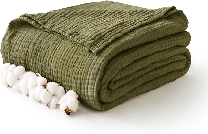 100% Cotton Muslin Blanket 40" x 40", Breathable and Lightweight Cotton Throw Blankets, Soft Cooling Summer Gauze Blanket for All Season, Oive Green