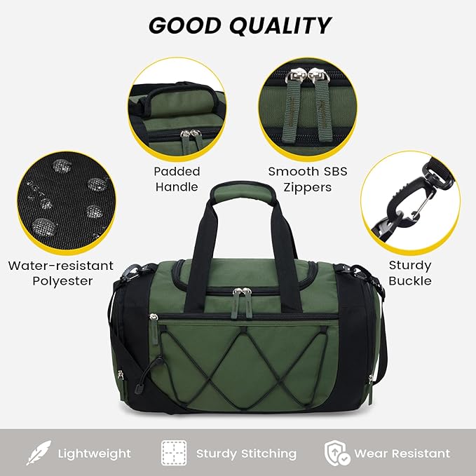 Vorspack Gym Bag for Men - 18 Inches Small Duffle Bag for Travel Lightweight Duffel Bag with Shoe Compartment Personal Item Travel Bag Weekender Bag for Travel Sports Gym - Green