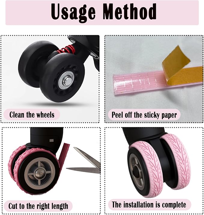 Luggage Wheel Covers - 8 Pcs Silent Noise Reduction Shock Absorbing Caster Cover for Carry-on Luggage with Wheels (Pink)