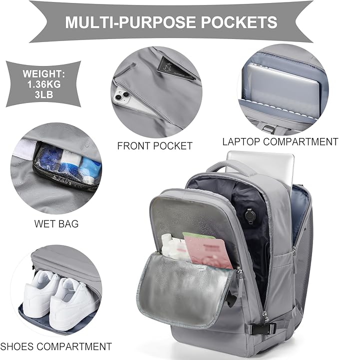 coowoz Vacuum Backpack Travel with Pump,Travel Backpack with Vacuum System For Women Men,Carry On Backpack,Hiking Backpack Waterproof Outdoor Sports Rucksack Casual Daypack,30L(Vacuum pump) Grey
