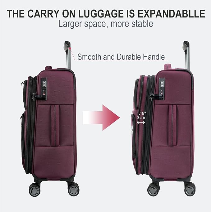 KROSER Softside Expandable checked Luggage with Front Business Pockets，24 Inch Suitcases with Spinner Wheels & Built-in TSA Lock, Durable Suitcase Rolling Luggage, Burgundy