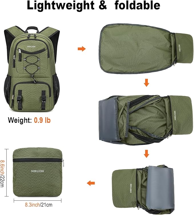 Nerlion Lightweight Foldable 35L Hiking Backpack Travel Backpack for Men Women Camping Waterproof Outdoor Hiking Daypack Backpack Green