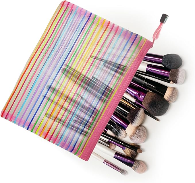 Mesh Bags with Zipper (6 Pack), Nylon Makeup Bag Cosmetic Pouches Travel Organizer Case for Purse Diaper Bag Home Organizing Striped Multi Size Pink