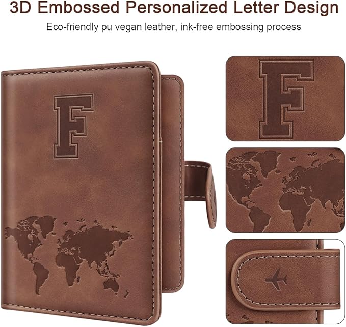 Passport Holder Wallet Cover Personalized Letter A-Z Travel Wallet RFID Blocking Passport Cover Wallet Case for Travel Passport Book Holders for Women and Men, Brown-F