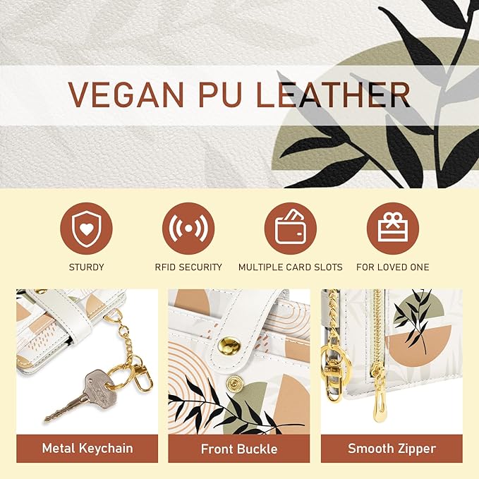 Jogjam Abstract Boho Leaves Rfid Ladies Wallet, Small Slim Thin Compact Credit Card Women Wallet, PU Leather Bifold Cash Zipper Coin Pocket ID Window for Female