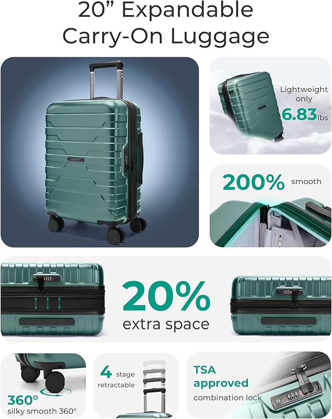 BAGSMART Carry On Luggage 22x14x9 Airline Approved with Spinner Wheels,Lightweight 20 Inch Luggage with TSA Lock,Expandable Hard Shell Carry On Suitcases for Men Women,Pine Green