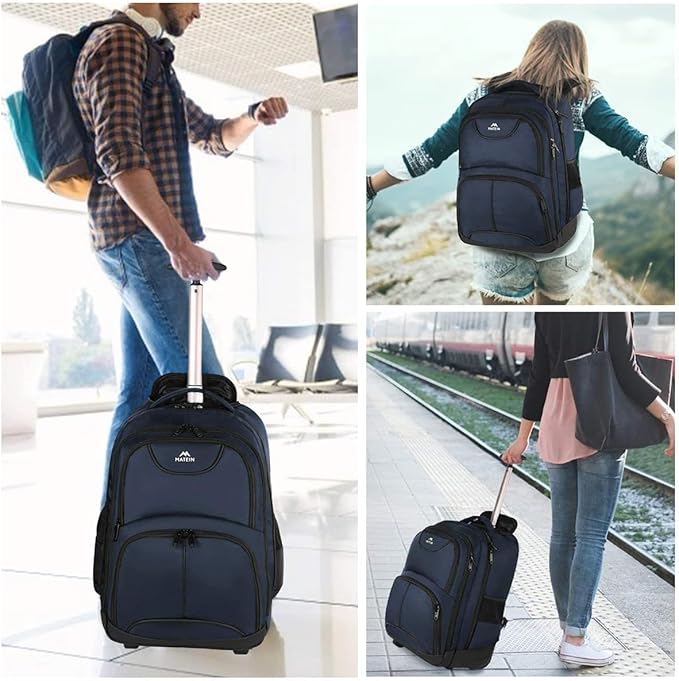 MATEIN Backpack with Wheels, Travel-friendly Rolling Laptop Backpack for Men Women, Freewheel Carry on Luggage Business bag, Compact College Trolley Suitcase Computer Bag fit 17 inch Notebook, Blue