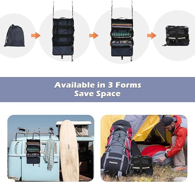 Surblue Travel Hanging Luggage Organizer Portable Suitcase Closet Organizer Multiple Compartments Collapsible Compression Packing Cubes Shelf, Navy, S