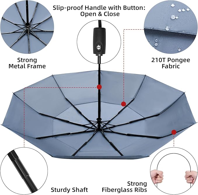 TradMall Travel Umbrella, 42/45 Inches Double Vented Canopy Windproof Automatic Strong Compact Folding Umbrellas for Rain Women and Men