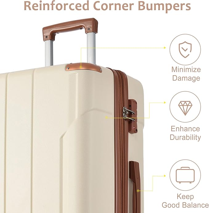 24 Inch Checked-Large Luggage, Lightweight ABS Hard Shell Suitcase with Spinner Wheels, Expandable Travel Luggage with Combination Lock & Side Hooks for Men Women, White Brown