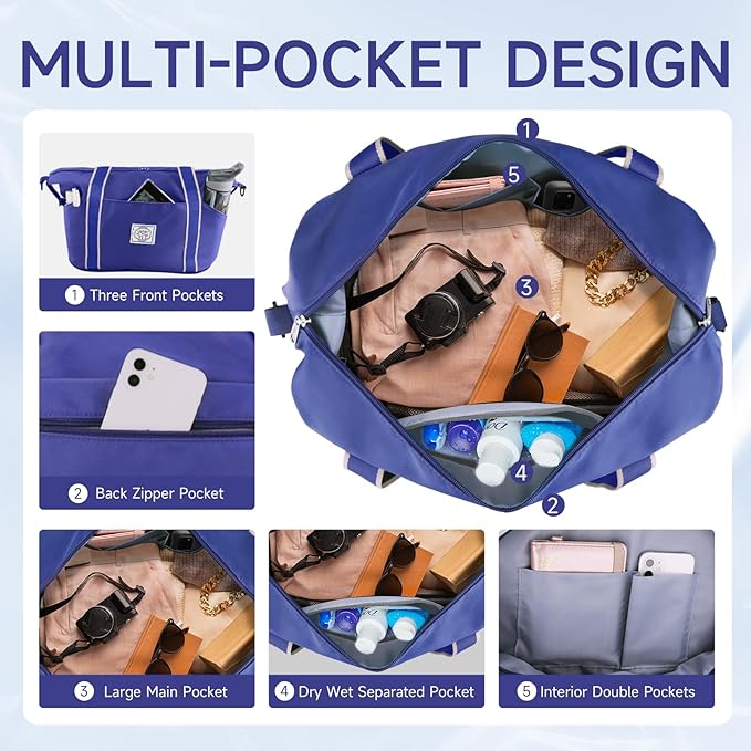 WALNEW Travel Duffel Bag, Weekender Overnight Carry On Bag for Women Men, Foldable Waterproof Gym Luggage Duffle Bag with Metal Buckle Detachable Shoulder Strap and Wet Compartment (Klein Blue)