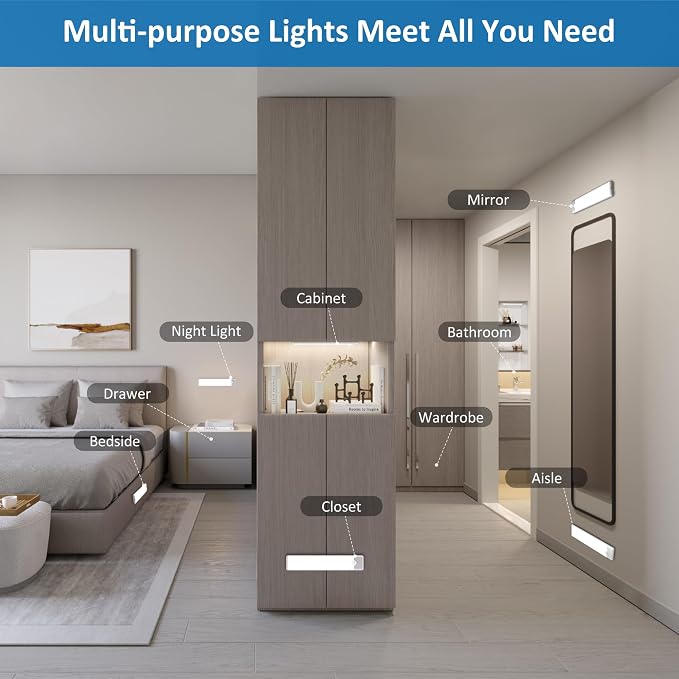 Motion Sensor Under Cabinet Lights, 2-Pack, Cool White, 8 inch | Magnetic, Rechargeable Under Counter Closet Light, Wireless Night Light Bar, 10% to 100% Dimming, USB Cable Included