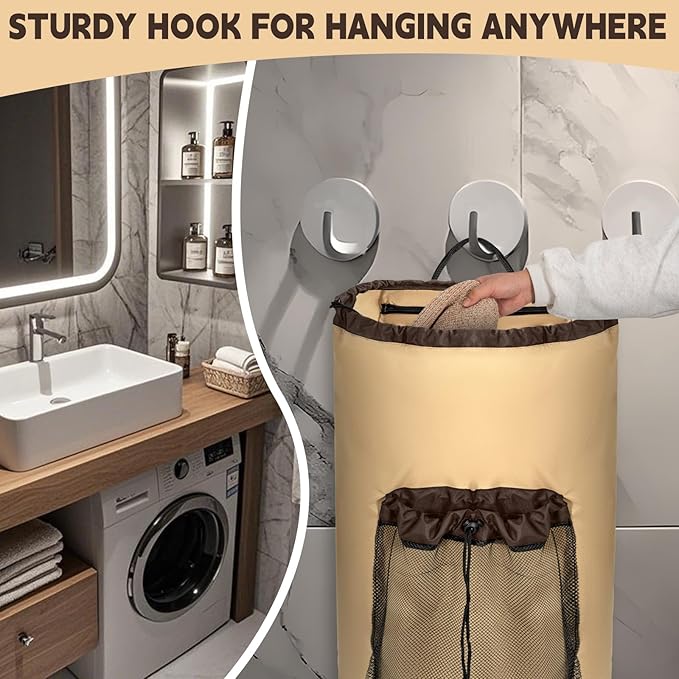 150L Laundry Bag Backpack with 3 Sizes Mesh Wash Bags and Shoulder Straps Foldable Clothes Hamper Bag with Drawstring Closure for College, Apartment, Laundromat (Tan)