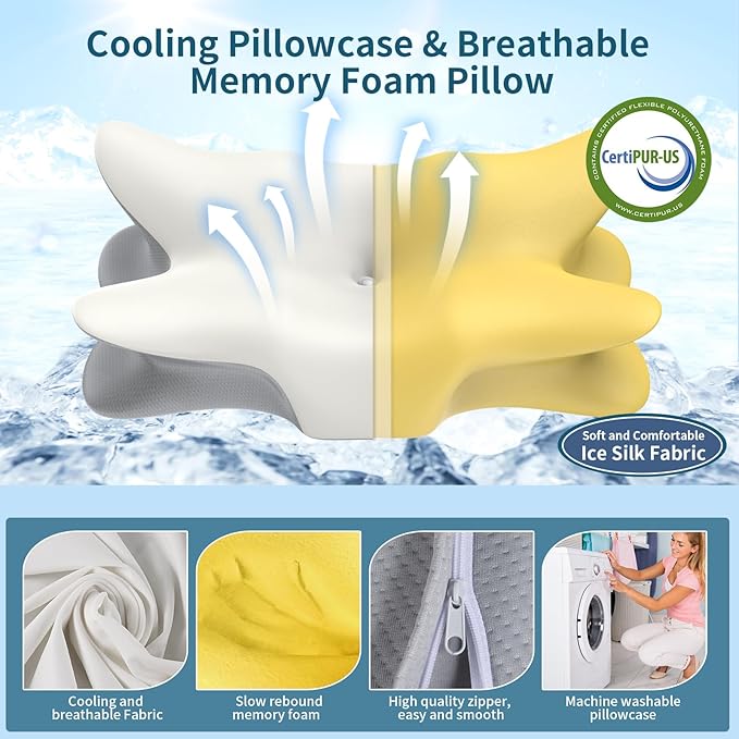 Cervical Neck Pillow for Pain Relief, Ergonomic Side Sleeper Pillow Cooling Memory Foam Pillows for Sleeping, Contour Pillow Orthopedic Bed Pillow for Back Stomach Sleepers