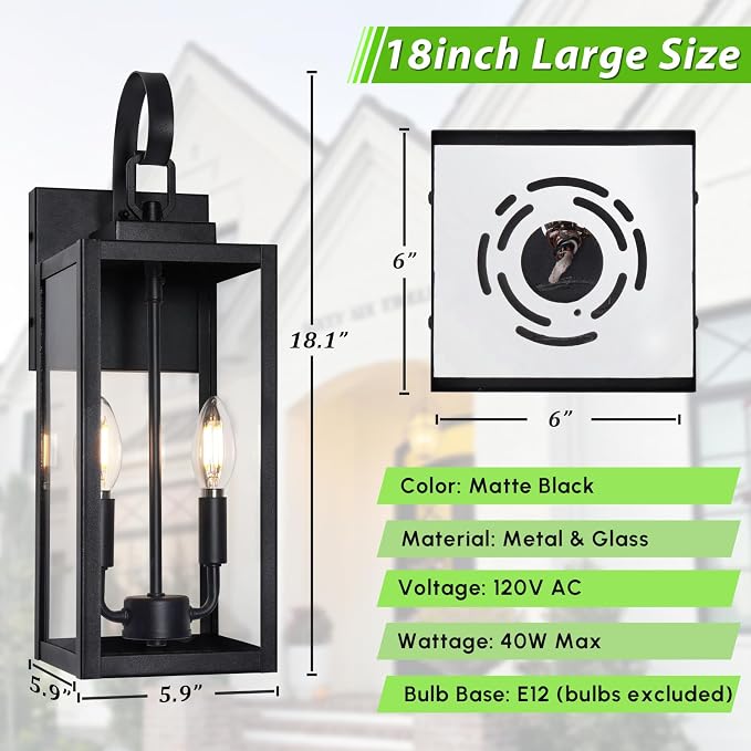 18" Large Outdoor Wall Light, 2-Light Black Exterior Sconce | Waterproof, Rust-Resistant, Durable Metal with Clear Glass, Standard E12 Socket, Easy to Install