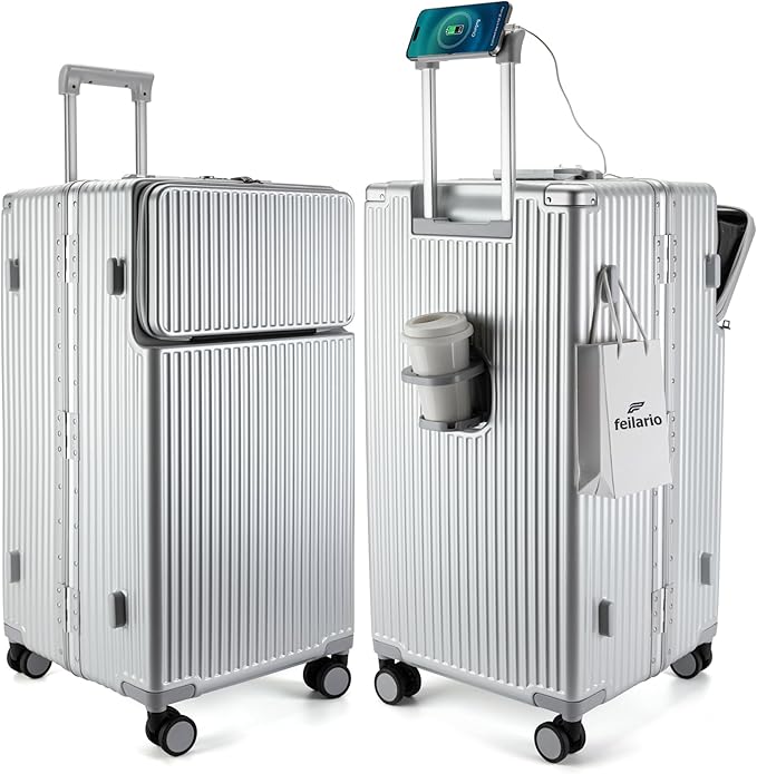 feilario 30in Super Large Captain Aluminum Frame Hardside Spinner Wheels Luggage, Zipperless Checked Suitcase with Front Compartment/Cup Holder/Phone Holder (Silver,30in)