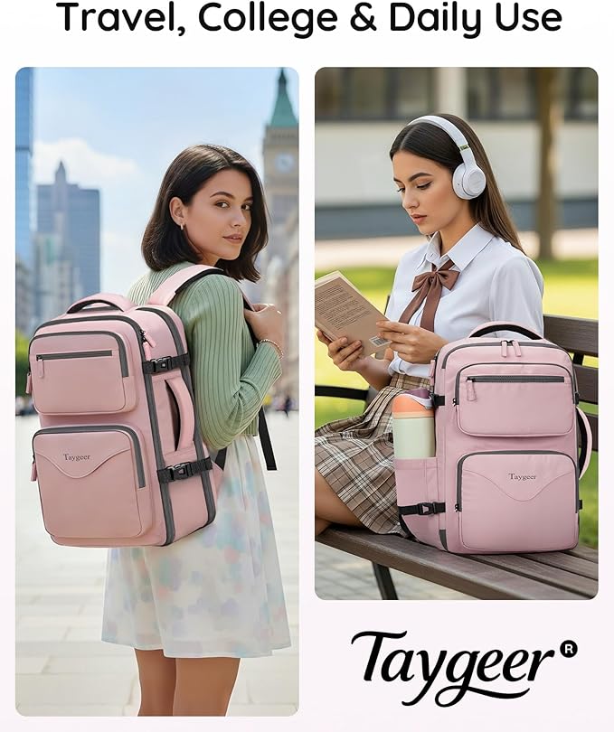 Taygeer 18 x 14 x 8 Inches Personal Item Bag, Travel Personal Item Bag with Water Bottle Pocket & Shoe Pouch, TSA Approved Under Seat Carry on Backpack Fits 15.6 inch Laptop for Women Airplanes, Pink