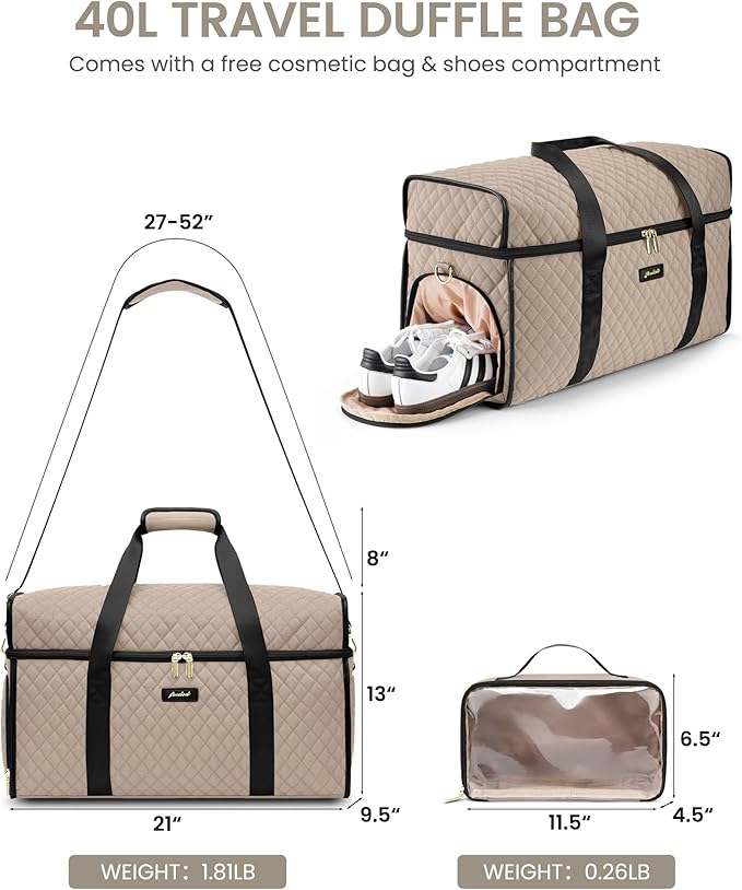 Weekender Travel Duffle Bag for Women: Overnight Bags with Shoe Compartment Carry on Bags for Airplanes with Toiletry Bag Weekend Yoga Gym Bag with Wet Pocket Nude Black