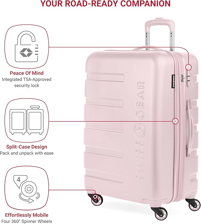 SwissGear 7366 Signature Hardside Expandable Luggage with Spinner Wheels, TSA Lock, Pink, Checked-Medium 23-Inch
