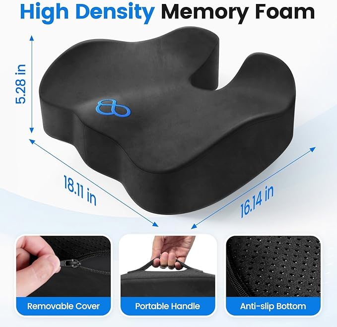 Seat Cushion with Carry Handle, Memory Foam for Tailbone/Sciatica Easing, Chair Cushions for Cars, Desks, Office Chair Cushion with Non-Slip Design, Ideal for Post-Surgery Recovery (Grey)