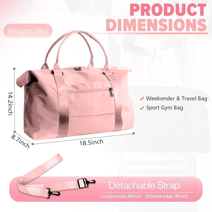 Travel Duffle Bag, Weekender Travel Bag Men Small Gym Bag for Women, Hospital Bag for Labor and Delivery, Overnight Bag Luggage Bag with Trolley Sleeve, Airplane Travel Essentials for Flying(Pink)