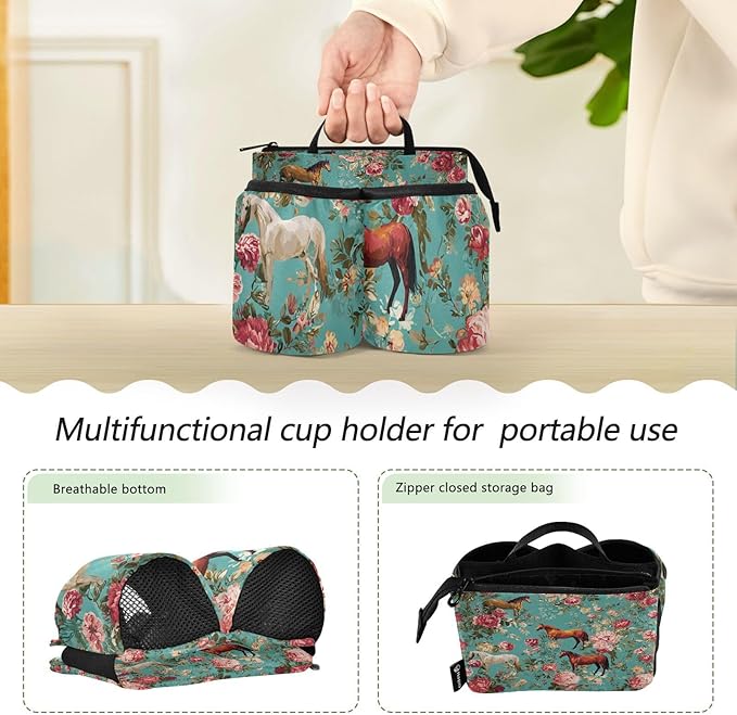 Luggage Cup Holder for Suitcases Free Hands Travel Cup Holder Portable Suitcase Cup Drink Holder Luggage Cup Caddy Bag Carrier Teal Horses and Red Roses
