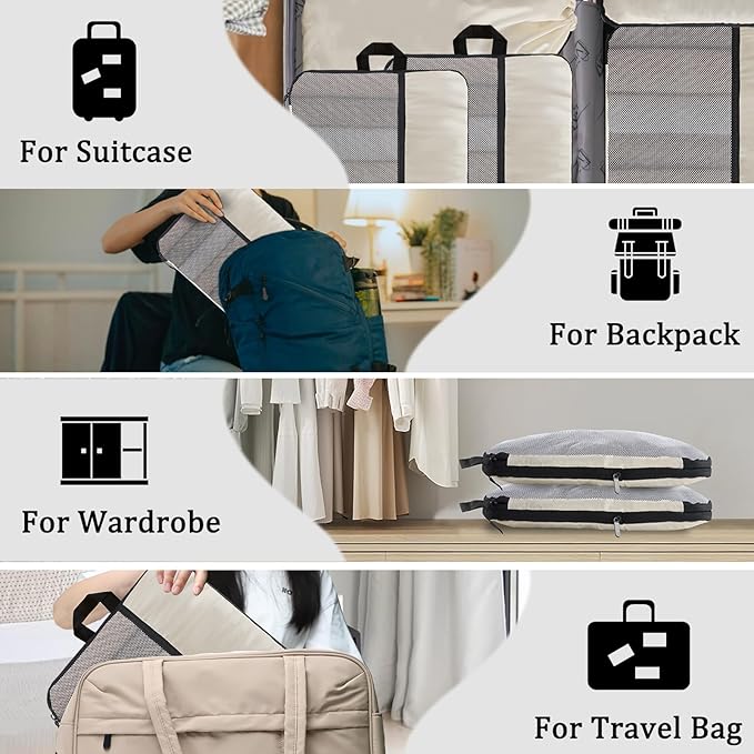U+U 6 Set Compression Packing Cubes - Ultralight Cream Travel Organizers with Laundry Bag, Space-Saving Suitcase Organizer, Expandable Packing Cubes for Travel and Family Vacation (Cream)